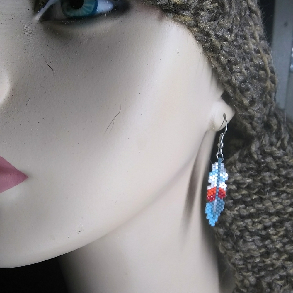 SOLD Handmade Feather Beaded Pierced Earrings - Picture 3 of 5